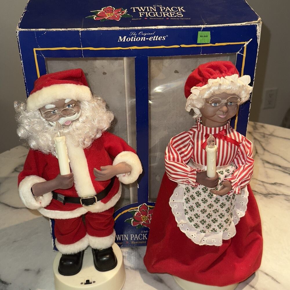 1990s Black Mr. Mrs. Santa Claus Telco Motionettes Light Skin Animated Music 15"